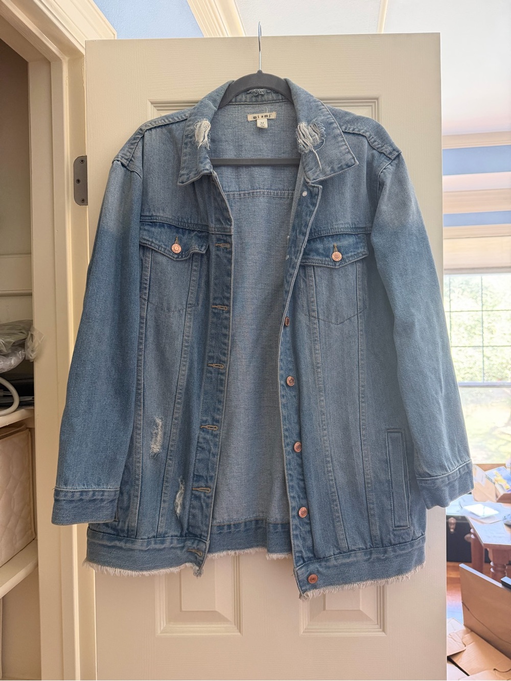 Francesca's Collections Oversized Light Blue Distressed Denim Jacket